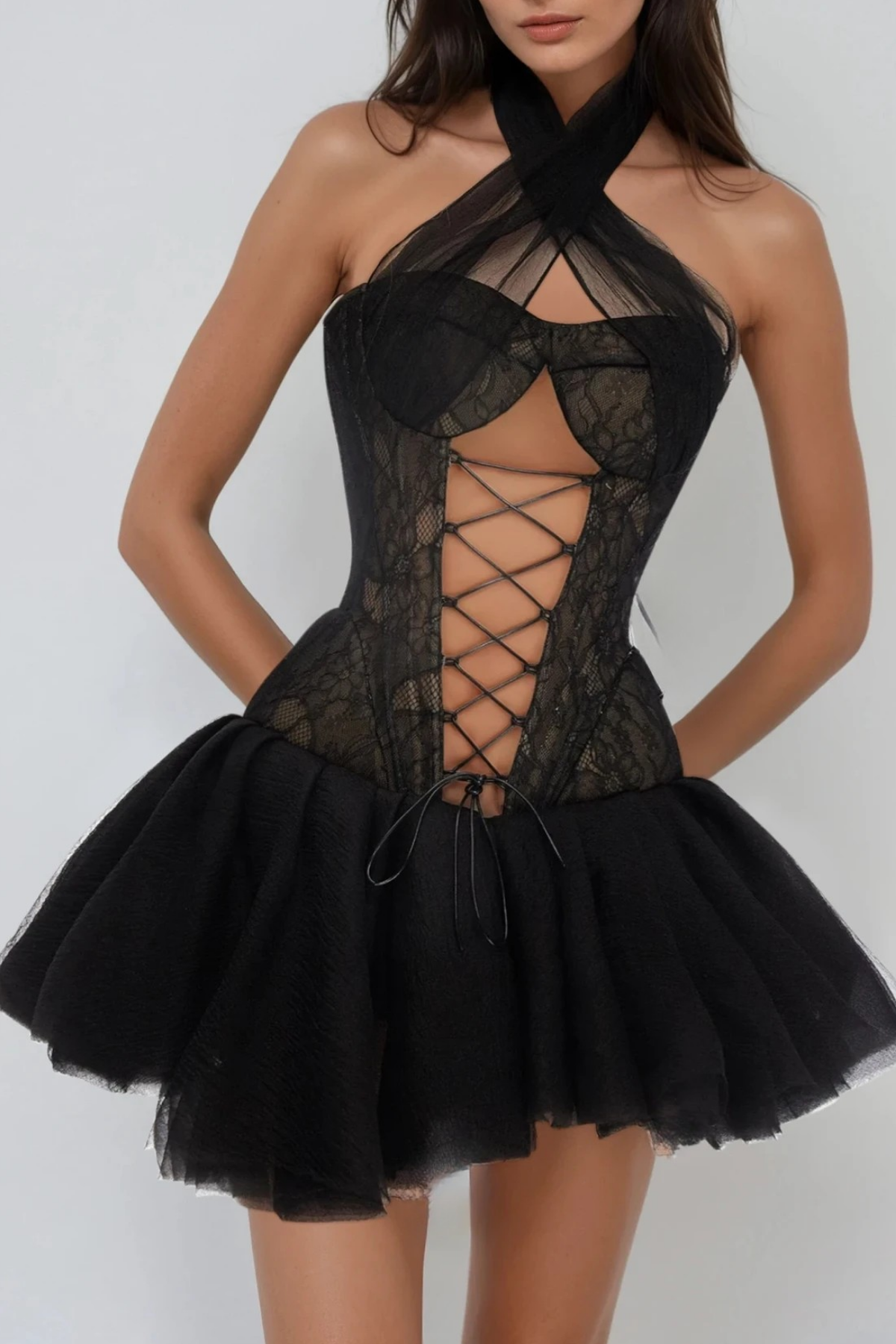 Denis Lace Up Lace Puffy Mini Dress