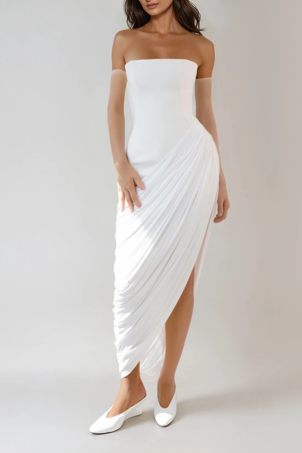 Dimitris Strapless Ruch High Split Maxi Dress