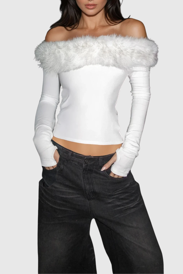 Drew Off Shoulder Faux Fur Top In White