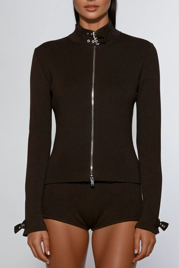 Dewydd Zipper Buckle Knit Jacket