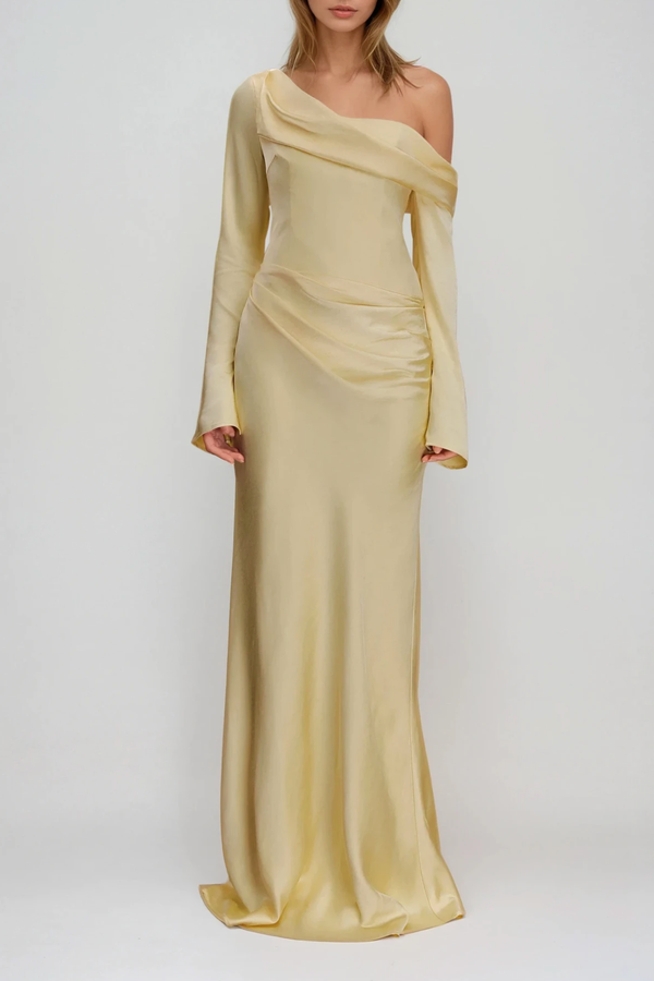 Divina One Shoulder Satin Maxi Dress In Butter Yellow