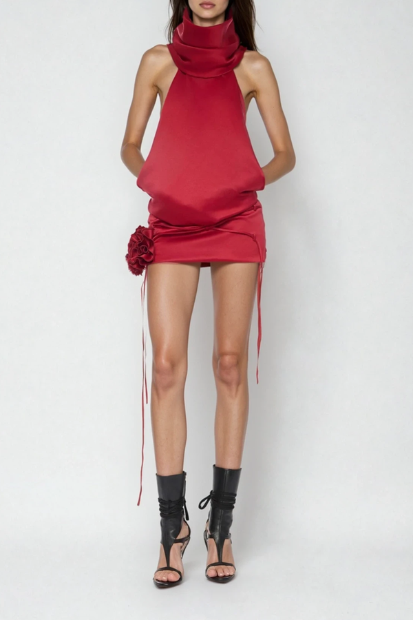 Diyan Funnel Neck Backless Flower Mini Dress