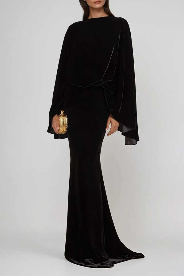 Dixon Cape Sleeve Velvet Maxi Dress In Black