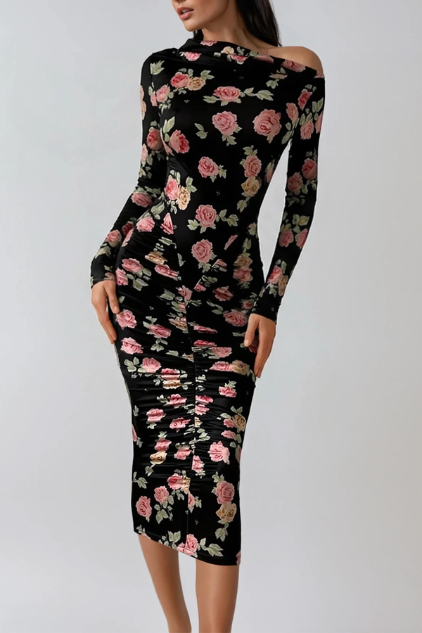 Dominiks Floral Bodycon Ruch Midi Dress In Black