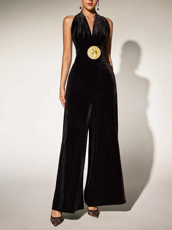 Brytni Halter Neck Embellished Velvet Jumpsuit
