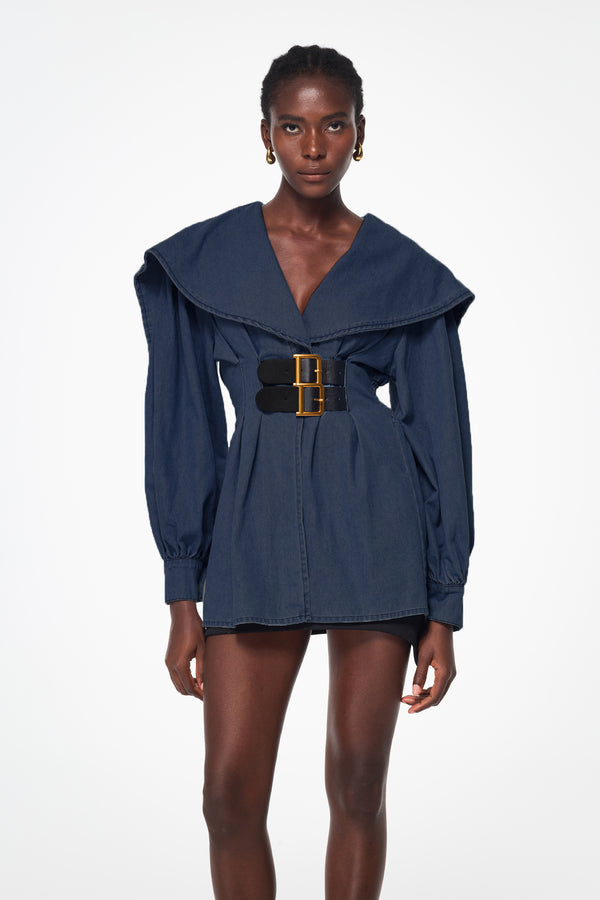 Balbina Buckle Ruffle Denim Jacket In Deep Blue