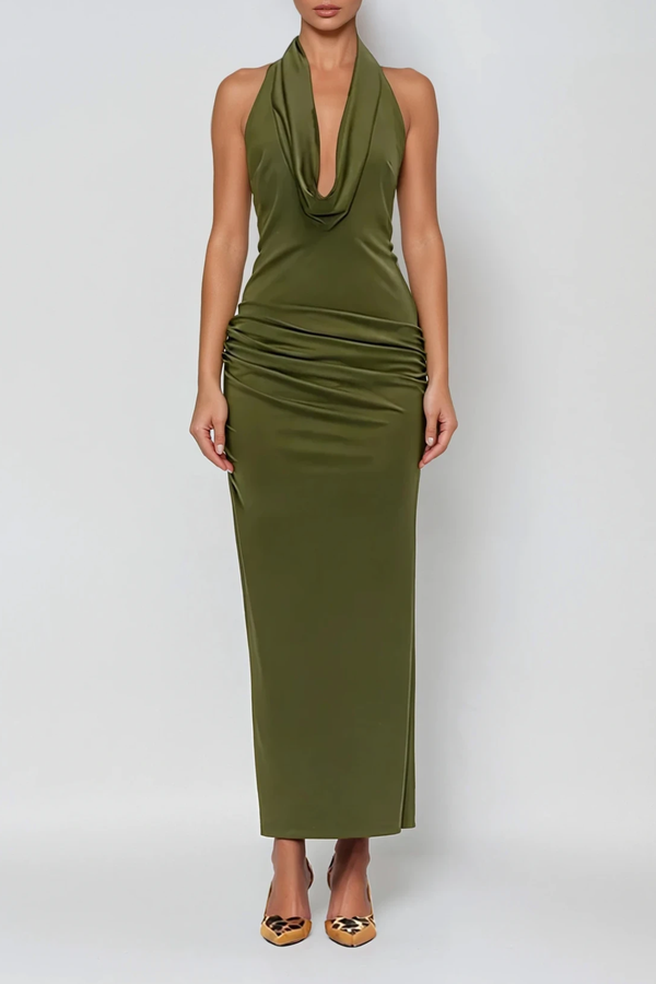 Domitianus Cowl Neck Ruch Maxi Dress