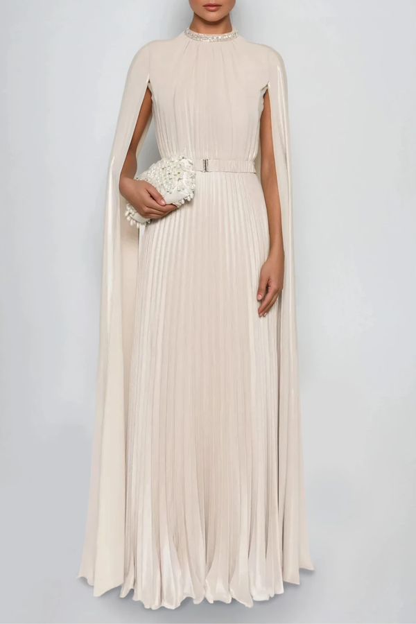 Dorinda Cape Sleeve Pleated Maxi Dress