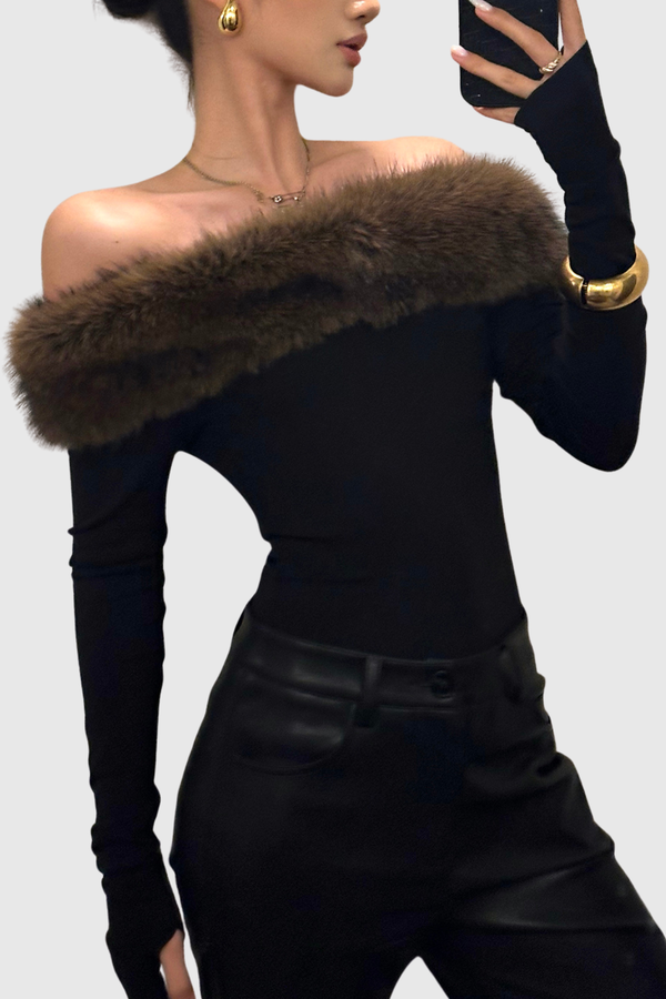 Drew Off Shoulder Faux Fur Top In Black