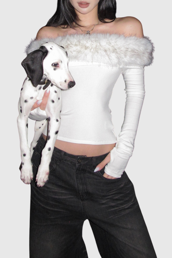 Drew Off Shoulder Faux Fur Top In White