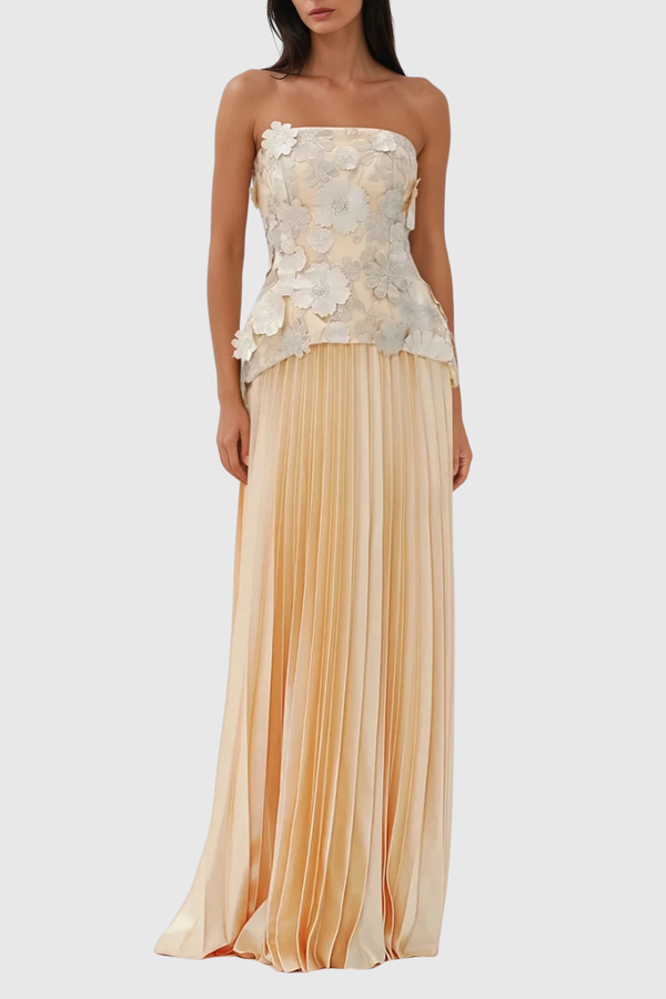 Blerta Strapless Flower Pleated Maxi Dress