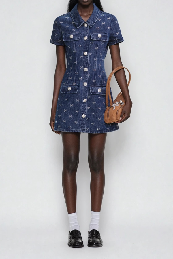 Dorotea Crystal Bow Denim Mini Dress