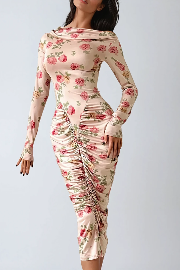 Dominiks Floral Bodycon Ruch Midi Dress In Pink