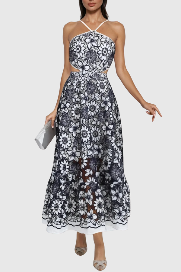 Dosifey Halter Neck Cutout Floral Maxi Dress