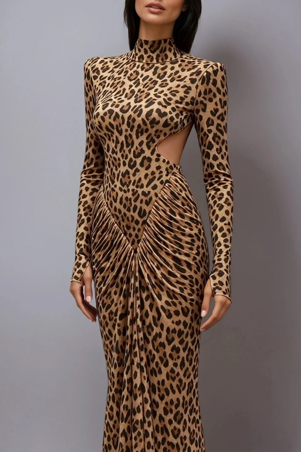 Cesarina Cutout Ruch Long Sleeve Leopard Maxi Dress
