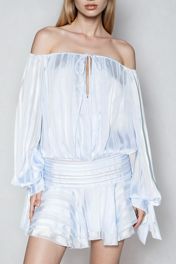 Dorota Off Shoulder Ruch Stripe Mini Dress