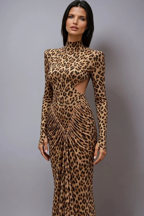 Cesarina Cutout Ruch Long Sleeve Leopard Maxi Dress