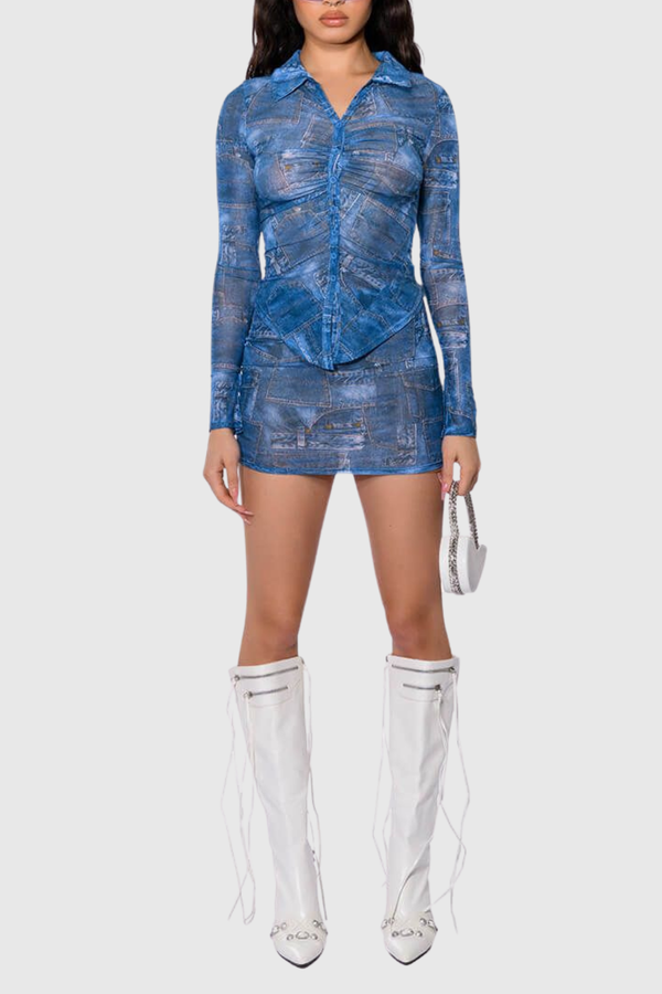 Jocelyn Ruched Denim Print Sets