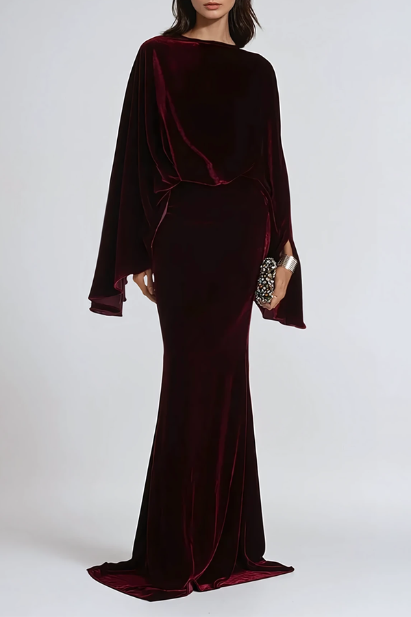 Dixon Cape Sleeve Ruch Velvet Maxi Dress