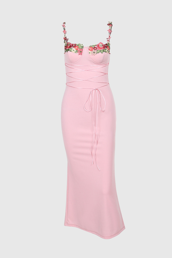 Raegan Bodycon Flower Embroidered Maxi Dress In Pink