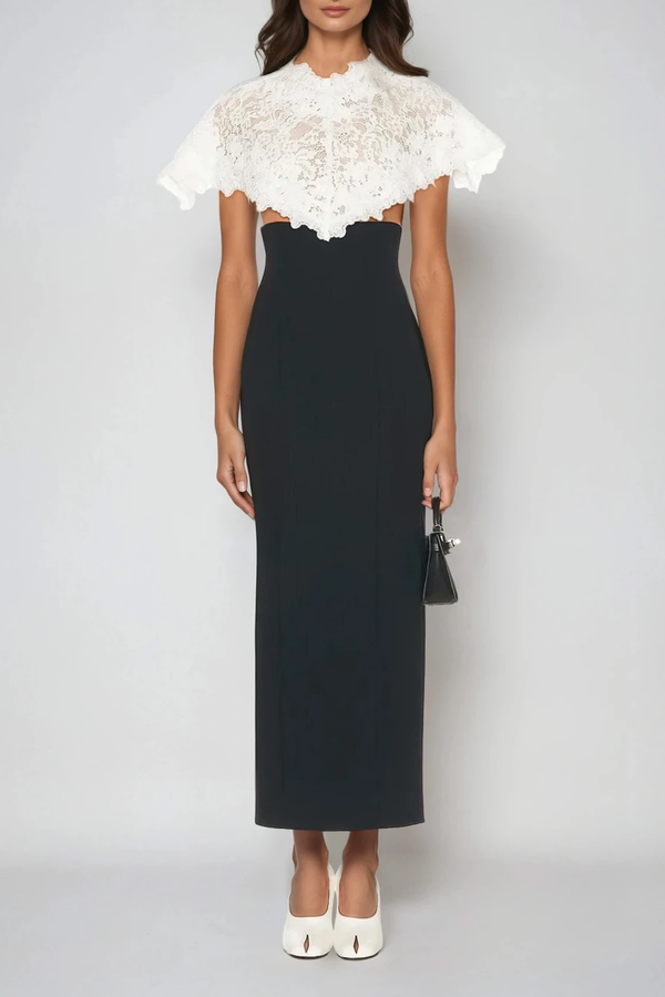 Domnica Lace Shawl Embroidered Split Midi Dress