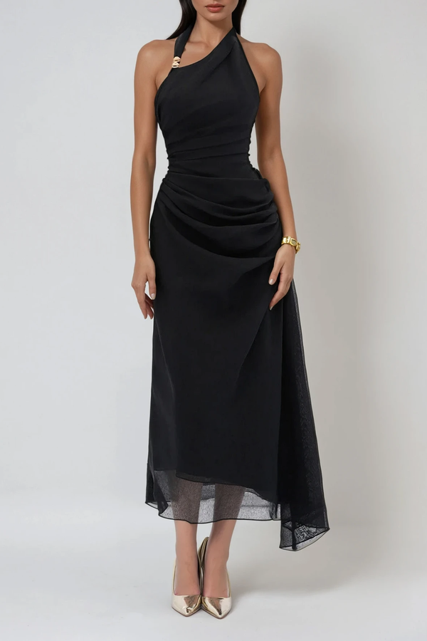 Domitila Halter Neck Asymmetric Maxi Dress