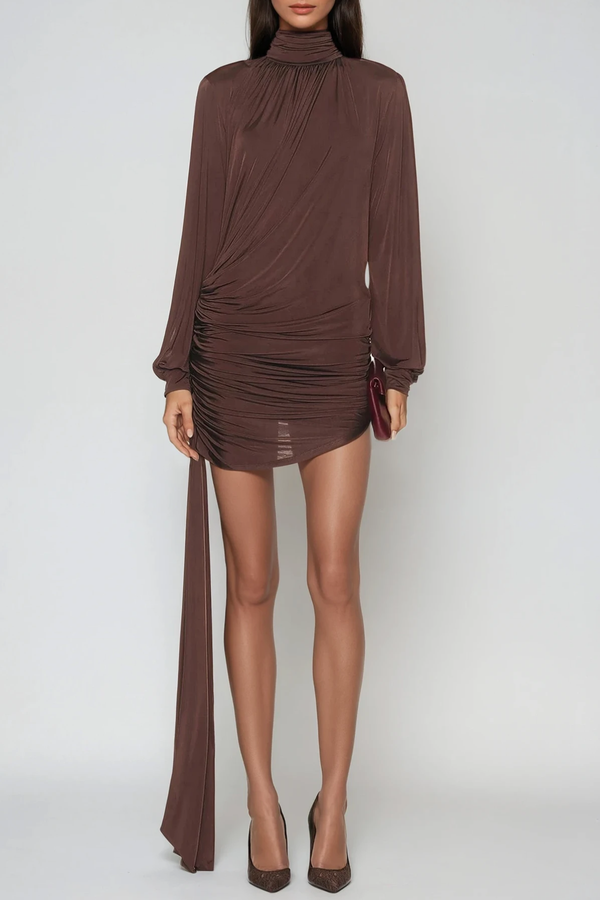 Domenica High Neck Ruch Fringe Mini Dress