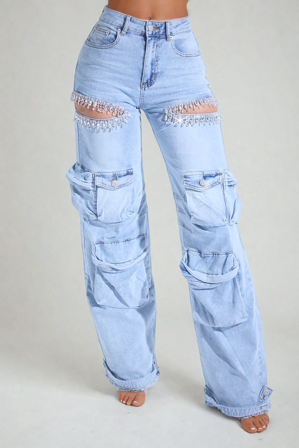 Abercrombie Rhinestone Cutout Cargo Jeans In Blue