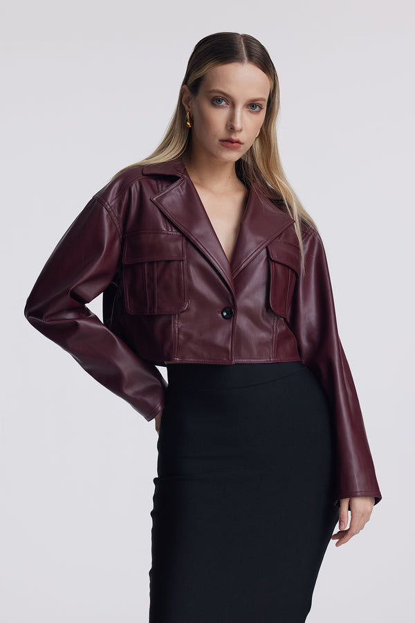 Acelin Pocket Lapel Leather Jacket