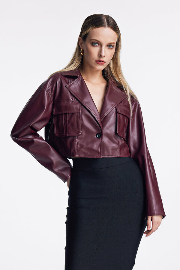 Acelin Pocket Lapel Leather Jacket