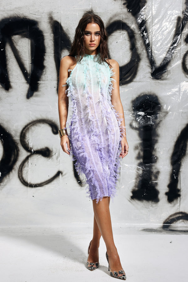 Adhara Fringe Mesh Ruch Midi Dress In Purple