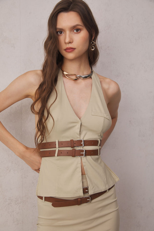 Adrianna Buckle Embellished Halter Neck Top In Khaki