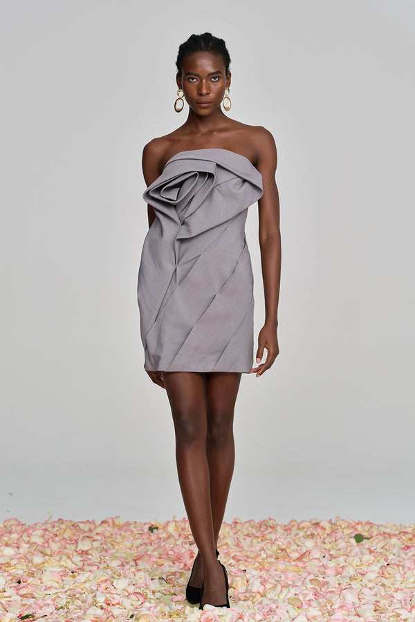 Aeronwen Flower Strapless Ruch Mini Dress In Grey