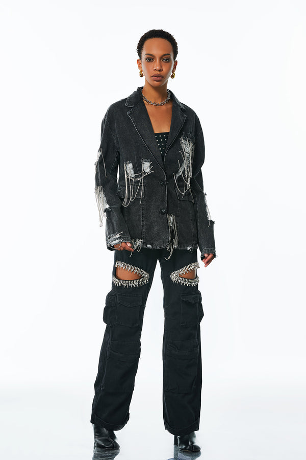 Afton Rhinestone Chain Torn Denim Jacket