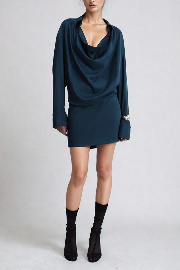 Aguirre Cowl Neck Satin Shirt Mini Dress