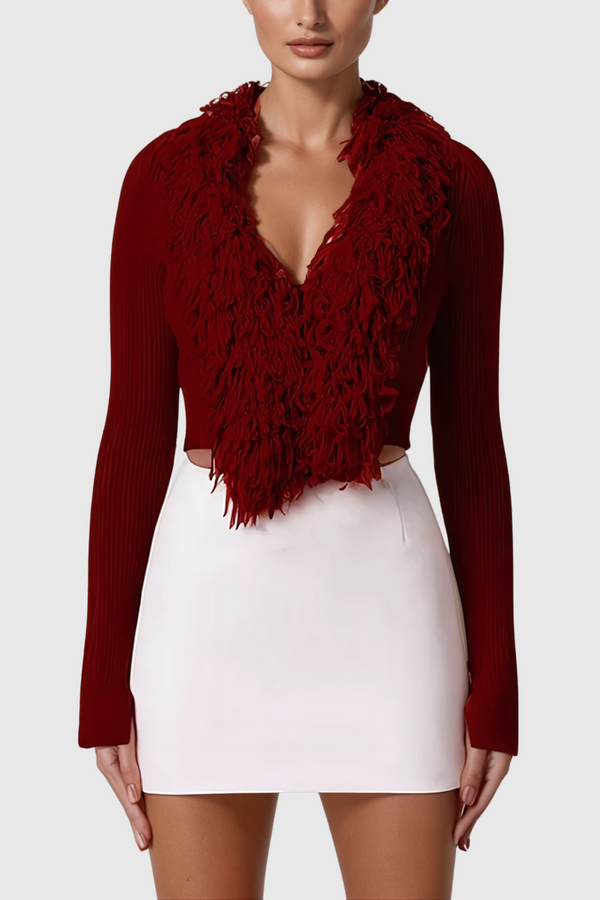 Aimee Fringe Plunge Knit Top In Red