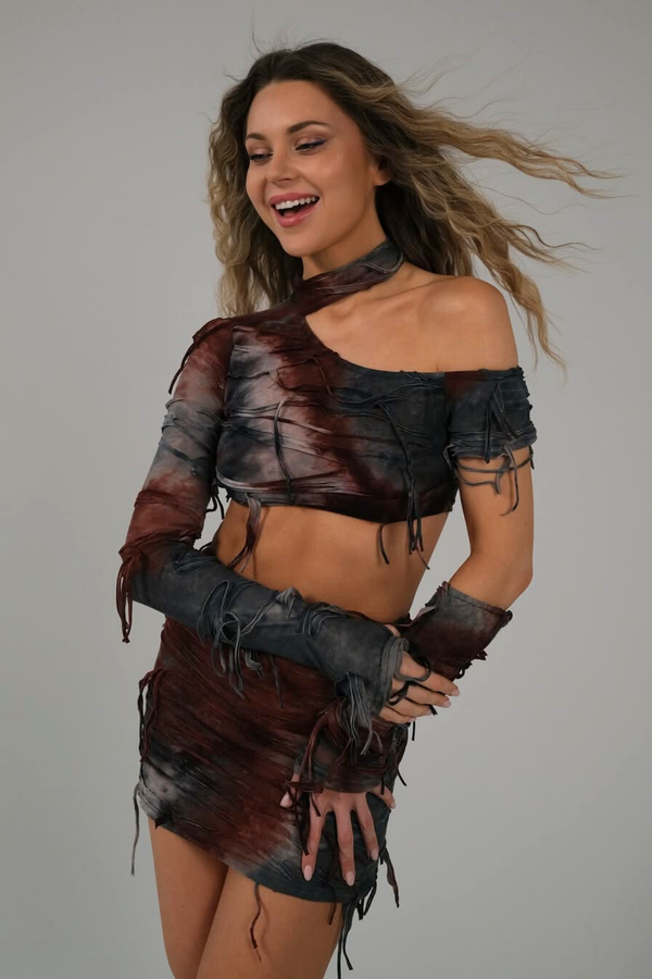 Ainmuire Tie Dye Fringe Asymmetric Skirt Set