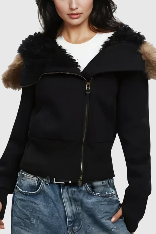 Alisha Faux Fur Zipper Asymmetric Jacket In Black