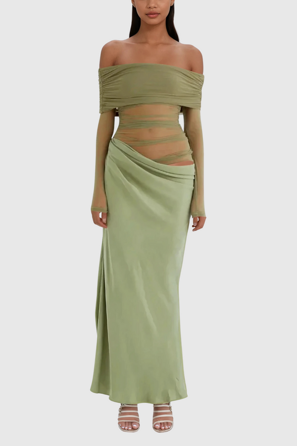 Alissa Off Shoulder Ruch Mesh Maxi Dress In Green