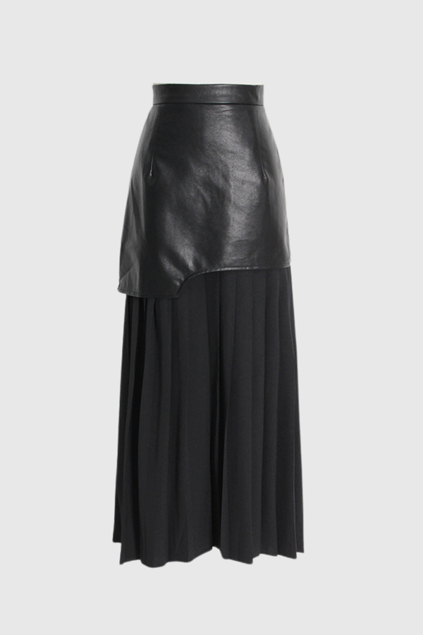 Alitzel Leather Patchwork Mesh Midi Skirt In Black