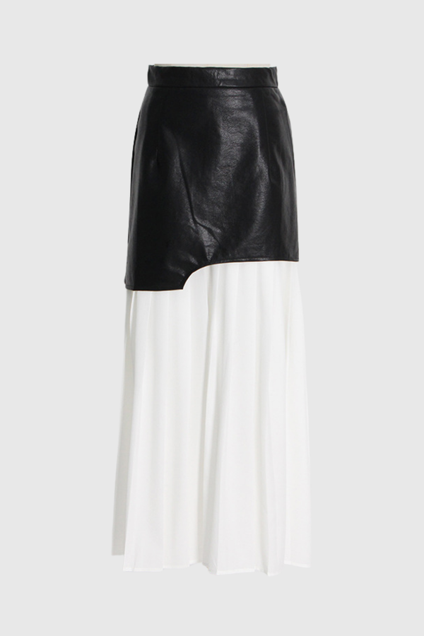 Alitzel Leather Patchwork Mesh Midi Skirt In White