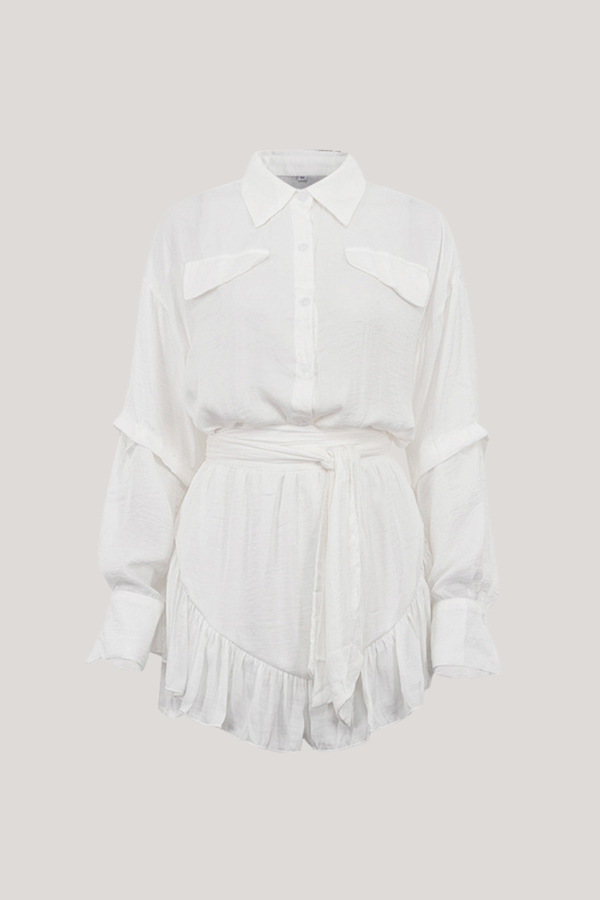 Alix Ruffle Ruch Lace Up Shirt Mini Dress