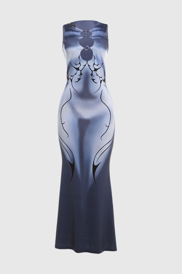 Aliyas Cutout Print Bodycon Maxi Dress