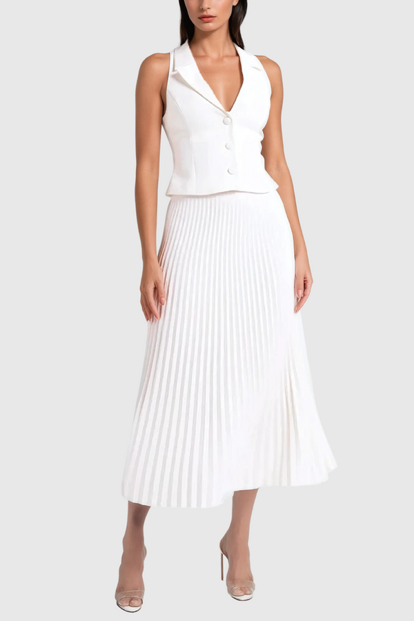 Alora Sleeveless Lapel Ruch Skirt Set In White