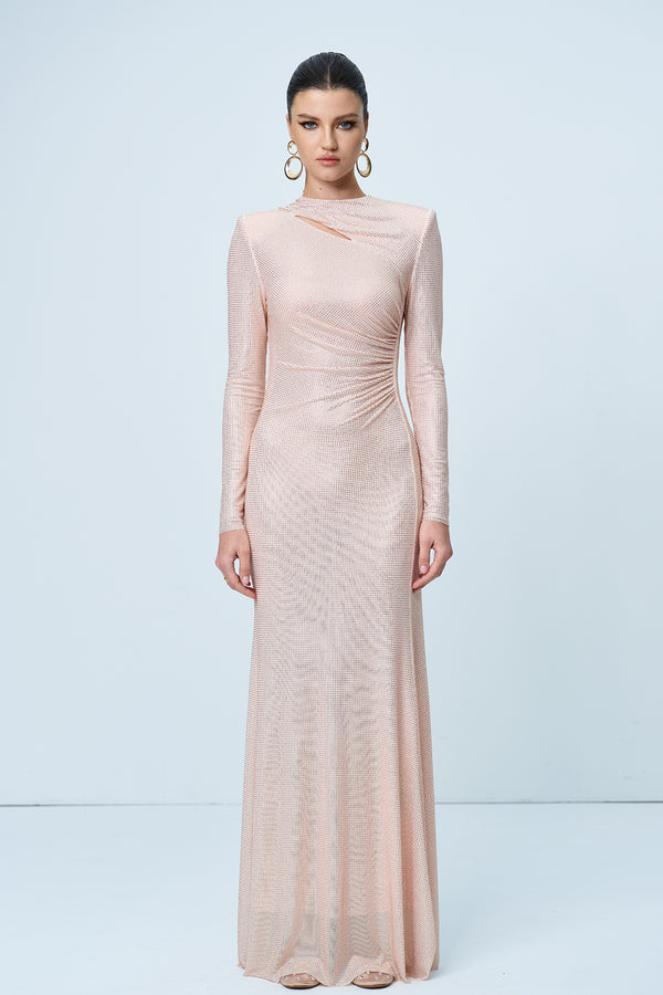 Alter Rhinestone Cutout Ruch Maxi Dress In Apricot