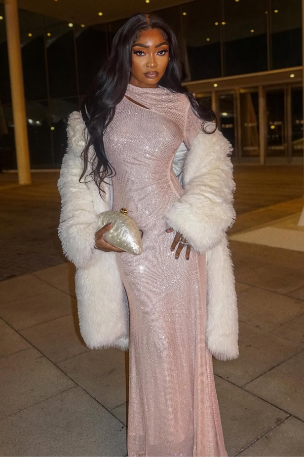 Alter Rhinestone Cutout Ruch Maxi Dress In Apricot