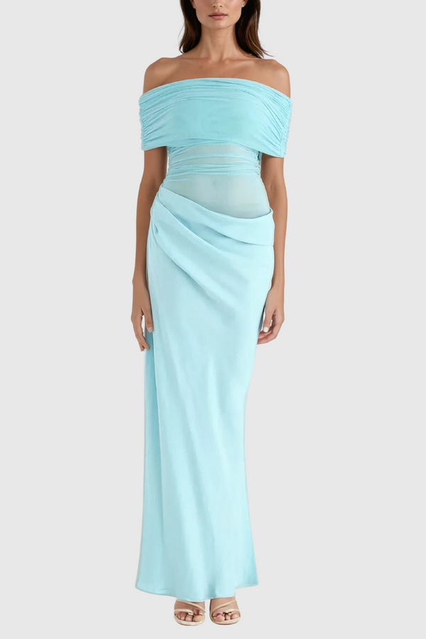 Alucia Off Shoulder Ruch Mesh Maxi Dress In Blue