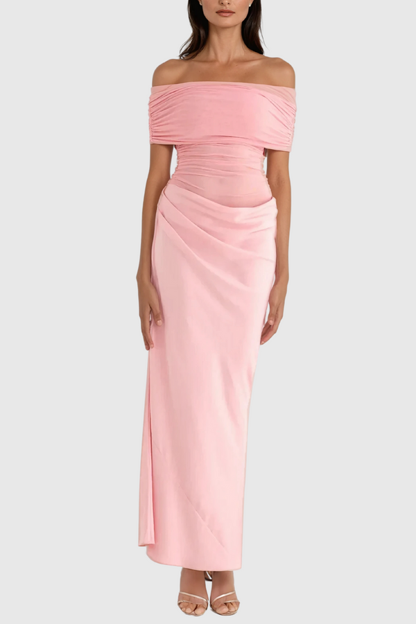 Alucia Off Shoulder Ruch Mesh Maxi Dress In Pink