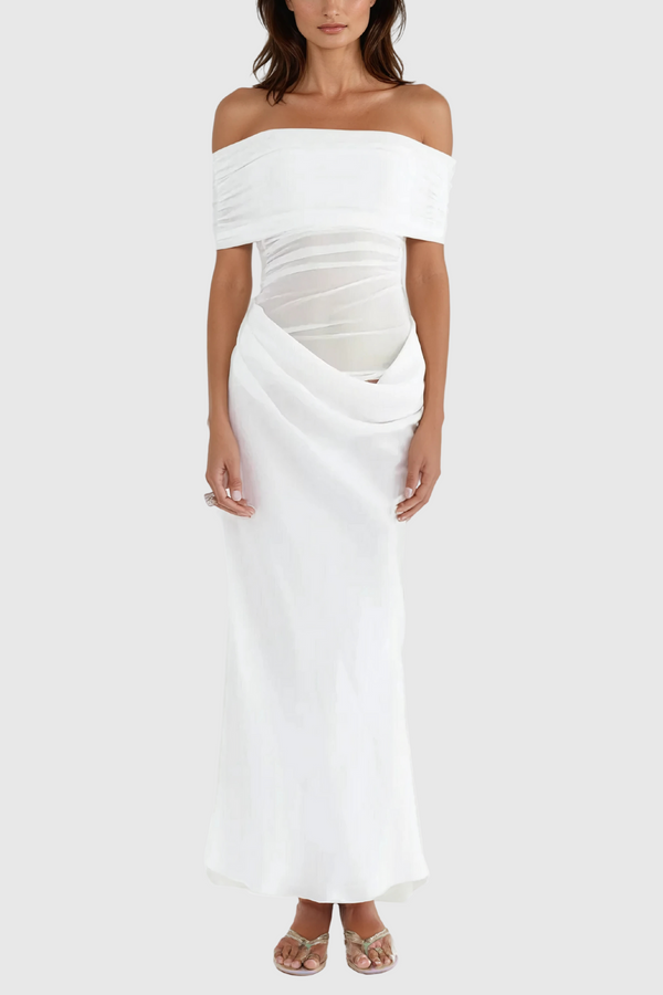 Alucia Off Shoulder Ruch Mesh Maxi Dress In White