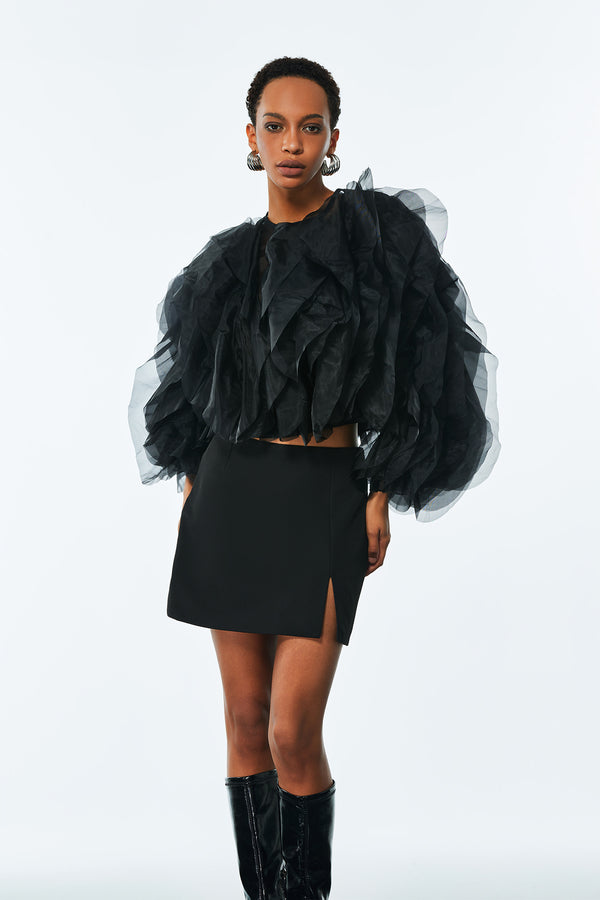 Amarine Mesh Ruffle Ruch Shirt In Black